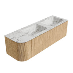 MONDIAZ KURVE-DLUX 145cm badmeubel ronding Links kleur Oak met 1 lade en 1 deur. Wastafel LEAF Dubbel / Rechts zonder kraangat Glace.