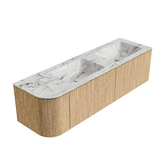 MONDIAZ KURVE-DLUX 155cm badmeubel ronding Links kleur Oak met 2 lades en 1 deur. Wastafel LEAF Dubbel / Rechts 2 kraangaten Glace.