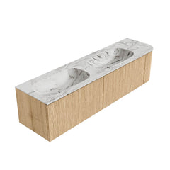 MONDIAZ KURVE-DLUX 175cm badmeubel ronding Rechts kleur Oak met 2 lades en 1 deur. Wastafel STOR SMALL Dubbel / Links zonder kraangat Glace.