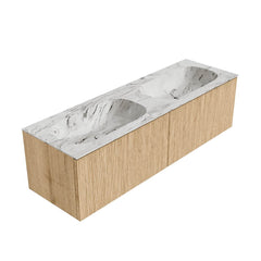 MONDIAZ KURVE-DLUX 150cm badmeubel kleur Oak met 2 lades en 0 deuren. Wastafel STOR SMALL Dubbel 2 kraangaten Glace.