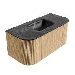 MONDIAZ KURVE-DLUX 100cm badmeubel ronding Links + Rechts kleur Oak met 1 lade en 2 deuren. Wastafel GRUNNE Midden 1 kraangat Lava.