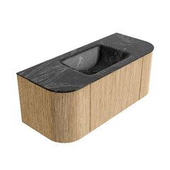 MONDIAZ KURVE-DLUX 110cm badmeubel ronding Links + Rechts kleur Oak met 1 lade en 2 deuren. Wastafel CLOUD Midden 1 kraangat Lava.