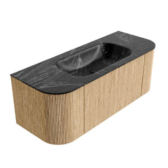 MONDIAZ KURVE-DLUX 120cm badmeubel ronding Links + Rechts kleur Oak met 1 lade en 2 deuren. Wastafel BIG SMALL Midden zonder kraangat Lava.