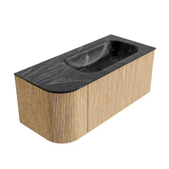 MONDIAZ KURVE-DLUX 105cm badmeubel ronding Links kleur Oak met 1 lade en 1 deur. Wastafel BIG SMALL Rechts 1 kraangat Lava.