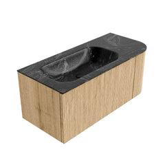 MONDIAZ KURVE-DLUX 105cm badmeubel ronding Rechts kleur Oak met 1 lade en 1 deur. Wastafel BIG SMALL Links 1 kraangat Lava.
