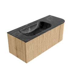 MONDIAZ KURVE-DLUX 115cm badmeubel ronding Rechts kleur Oak met 1 lade en 1 deur. Wastafel BIG SMALL Links zonder kraangat Lava.