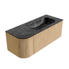 MONDIAZ KURVE-DLUX 115cm badmeubel ronding Links kleur Oak met 1 lade en 1 deur. Wastafel BIG SMALL Rechts 1 kraangat Lava.