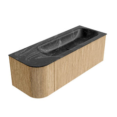MONDIAZ KURVE-DLUX 125cm badmeubel ronding Links kleur Oak met 1 lade en 1 deur. Wastafel BIG MEDIUM Rechts zonder kraangat Lava.