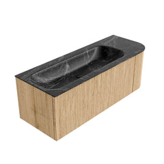 MONDIAZ KURVE-DLUX 125cm badmeubel ronding Rechts kleur Oak met 1 lade en 1 deur. Wastafel BIG MEDIUM Links 1 kraangat Lava.