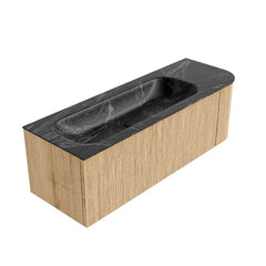 MONDIAZ KURVE-DLUX 135cm badmeubel ronding Rechts kleur Oak met 1 lade en 1 deur. Wastafel BIG MEDIUM Links zonder kraangat Lava.