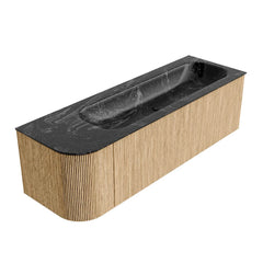 MONDIAZ KURVE-DLUX 145cm badmeubel ronding Links kleur Oak met 1 lade en 1 deur. Wastafel BIG LARGE Rechts zonder kraangat Lava.