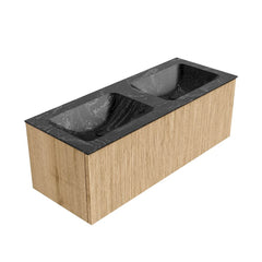 MONDIAZ KURVE-DLUX 120cm badmeubel kleur Oak met 1 lade en 0 deuren. Wastafel LEAF Dubbel zonder kraangat Lava.