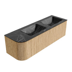 MONDIAZ KURVE-DLUX 145cm badmeubel ronding Links kleur Oak met 1 lade en 1 deur. Wastafel LEAF Dubbel / Rechts 2 kraangaten Lava.