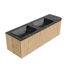 MONDIAZ KURVE-DLUX 145cm badmeubel ronding Rechts kleur Oak met 1 lade en 1 deur. Wastafel LEAF Dubbel / Links 2 kraangaten Lava.