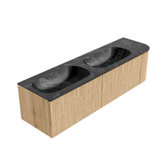 MONDIAZ KURVE-DLUX 165cm badmeubel ronding Rechts kleur Oak met 2 lades en 1 deur. Wastafel STOR SMALL Dubbel / Links 2 kraangaten Lava.