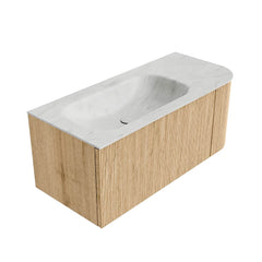 MONDIAZ KURVE-DLUX 105cm badmeubel ronding Rechts kleur Oak met 1 lade en 1 deur. Wastafel BIG SMALL Links 1 kraangat Opalo.