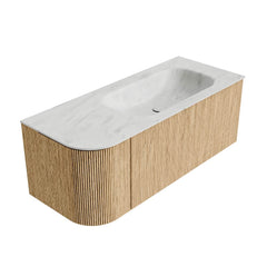 MONDIAZ KURVE-DLUX 115cm badmeubel ronding Links kleur Oak met 1 lade en 1 deur. Wastafel BIG SMALL Rechts 1 kraangat Opalo.