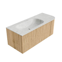 MONDIAZ KURVE-DLUX 115cm badmeubel ronding Rechts kleur Oak met 1 lade en 1 deur. Wastafel BIG SMALL Links 1 kraangat Opalo.