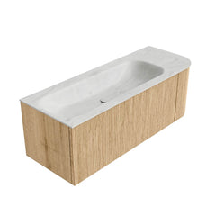 MONDIAZ KURVE-DLUX 125cm badmeubel ronding Rechts kleur Oak met 1 lade en 1 deur. Wastafel BIG MEDIUM Links zonder kraangat Opalo.