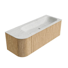 MONDIAZ KURVE-DLUX 125cm badmeubel ronding Links kleur Oak met 1 lade en 1 deur. Wastafel BIG MEDIUM Rechts 1 kraangat Opalo.
