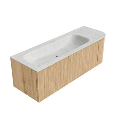 MONDIAZ KURVE-DLUX 135cm badmeubel ronding Rechts kleur Oak met 1 lade en 1 deur. Wastafel BIG MEDIUM Links zonder kraangat Opalo.