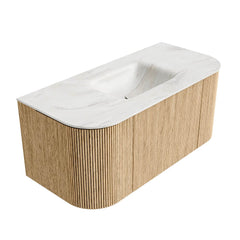 MONDIAZ KURVE-DLUX 100cm badmeubel ronding Links + Rechts kleur Oak met 1 lade en 2 deuren. Wastafel GRUNNE Midden zonder kraangat Ostra.