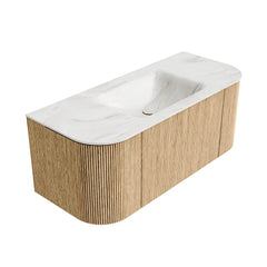 MONDIAZ KURVE-DLUX 110cm badmeubel ronding Links + Rechts kleur Oak met 1 lade en 2 deuren. Wastafel CLOUD Midden zonder kraangat Ostra.