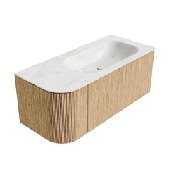MONDIAZ KURVE-DLUX 105cm badmeubel ronding Links kleur Oak met 1 lade en 1 deur. Wastafel BIG SMALL Rechts 1 kraangat Ostra.