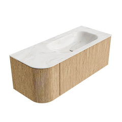 MONDIAZ KURVE-DLUX 115cm badmeubel ronding Links kleur Oak met 1 lade en 1 deur. Wastafel BIG SMALL Rechts 1 kraangat Ostra.