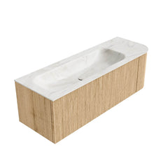 MONDIAZ KURVE-DLUX 135cm badmeubel ronding Rechts kleur Oak met 1 lade en 1 deur. Wastafel BIG MEDIUM Links 1 kraangat Ostra.