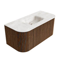 MONDIAZ KURVE-DLUX 100cm badmeubel ronding Links + Rechts kleur Walnut met 1 lade en 2 deuren. Wastafel GRUNNE Midden 1 kraangat Frappe.
