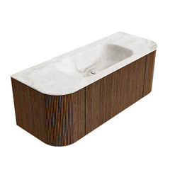 MONDIAZ KURVE-DLUX 120cm badmeubel ronding Links + Rechts kleur Walnut met 1 lade en 2 deuren. Wastafel BIG SMALL Midden 1 kraangat Frappe.