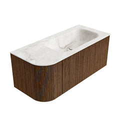 MONDIAZ KURVE-DLUX 105cm badmeubel ronding Links kleur Walnut met 1 lade en 1 deur. Wastafel BIG SMALL Rechts 1 kraangat Frappe.
