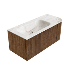 MONDIAZ KURVE-DLUX 105cm badmeubel ronding Rechts kleur Walnut met 1 lade en 1 deur. Wastafel BIG SMALL Links 1 kraangat Frappe.