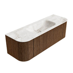 MONDIAZ KURVE-DLUX 140cm badmeubel ronding Links + Rechts kleur Walnut met 1 lade en 2 deuren. Wastafel BIG SMALL Midden zonder kraangat Frappe.
