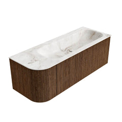 MONDIAZ KURVE-DLUX 125cm badmeubel ronding Links kleur Walnut met 1 lade en 1 deur. Wastafel BIG MEDIUM Rechts zonder kraangat Frappe.