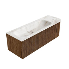MONDIAZ KURVE-DLUX 135cm badmeubel ronding Rechts kleur Walnut met 1 lade en 1 deur. Wastafel BIG MEDIUM Links zonder kraangat Frappe.