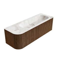 MONDIAZ KURVE-DLUX 135cm badmeubel ronding Links kleur Walnut met 1 lade en 1 deur. Wastafel BIG MEDIUM Rechts 1 kraangat Frappe.
