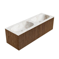 MONDIAZ KURVE-DLUX 140cm badmeubel kleur Walnut met 2 lades en 0 deuren. Wastafel STOR SMALL Dubbel 2 kraangaten Frappe.