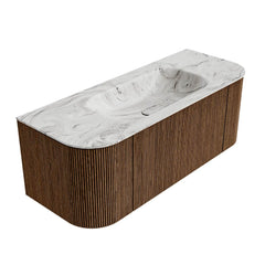 MONDIAZ KURVE-DLUX 120cm badmeubel ronding Links + Rechts kleur Walnut met 1 lade en 2 deuren. Wastafel BIG SMALL Midden zonder kraangat Glace.