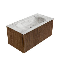 MONDIAZ KURVE-DLUX 90cm badmeubel kleur Walnut met 1 lade en 0 deuren. Wastafel BIG SMALL Midden zonder kraangat Glace.