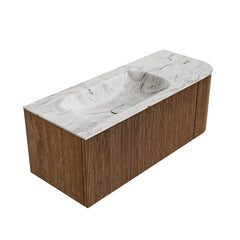 MONDIAZ KURVE-DLUX 115cm badmeubel ronding Rechts kleur Walnut met 1 lade en 1 deur. Wastafel BIG SMALL Links zonder kraangat Glace.