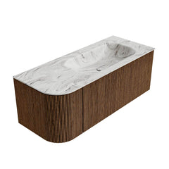 MONDIAZ KURVE-DLUX 115cm badmeubel ronding Links kleur Walnut met 1 lade en 1 deur. Wastafel BIG SMALL Rechts 1 kraangat Glace.