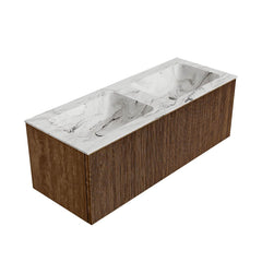 MONDIAZ KURVE-DLUX 120cm badmeubel kleur Walnut met 1 lade en 0 deuren. Wastafel LEAF Dubbel 2 kraangaten Glace.