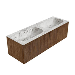 MONDIAZ KURVE-DLUX 140cm badmeubel kleur Walnut met 2 lades en 0 deuren. Wastafel STOR SMALL Dubbel 2 kraangaten Glace.
