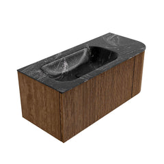 MONDIAZ KURVE-DLUX 105cm badmeubel ronding Rechts kleur Walnut met 1 lade en 1 deur. Wastafel BIG SMALL Links zonder kraangat Lava.