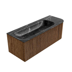 MONDIAZ KURVE-DLUX 125cm badmeubel ronding Rechts kleur Walnut met 1 lade en 1 deur. Wastafel BIG MEDIUM Links zonder kraangat Lava.