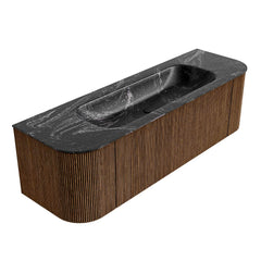 MONDIAZ KURVE-DLUX 150cm badmeubel ronding Links + Rechts kleur Walnut met 1 lade en 2 deuren. Wastafel BIG MEDIUM Midden zonder kraangat Lava.