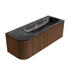 MONDIAZ KURVE-DLUX 125cm badmeubel ronding Links kleur Walnut met 1 lade en 1 deur. Wastafel BIG MEDIUM Rechts 1 kraangat Lava.