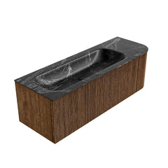 MONDIAZ KURVE-DLUX 135cm badmeubel ronding Rechts kleur Walnut met 1 lade en 1 deur. Wastafel BIG MEDIUM Links zonder kraangat Lava.